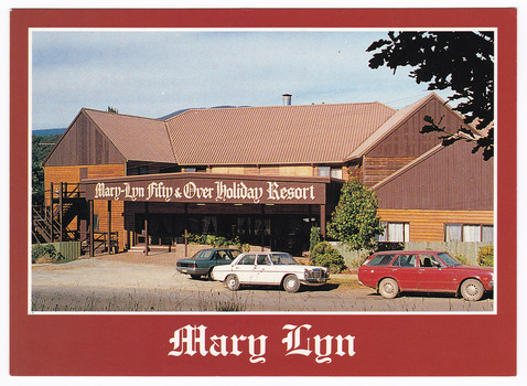A colour postcard from Mary Lyn Guest House in Marysville. Mary Lyn was a part of the Mary Chain of guest houses built by Eric Dowdle during the Depression years. The postcard was produced by Nucolorvue Productions Pty. Ltd. as a souvenir of Marysville. On the reverse of the postcard is a space to write a message and an address and to place a postage stamp. The postcard is unused.