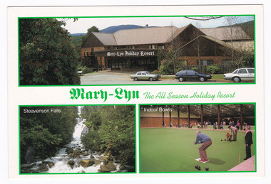 A colour postcard from Mary-Lyn Guest House in Marysville. Mary-Lyn was a part of the Mary Chain of guest houses built by Eric Dowdle in the Depression years. The postcard was produced by the Rose Stereograph Company as a souvenir of Marysville. On the reverse of the postcard is a space to write a message and an address and to place a postage stamp. The postcard is unused.
