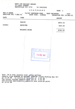 A statement of payment for accommodation at Mary Lyn Guest House in Marysville. Mary Lyn was a part of the Mary Chain of guest houses built by Eric Dowdle during the Depression years. The statement is dated for December 2001 and is for a Mrs. N. Green.