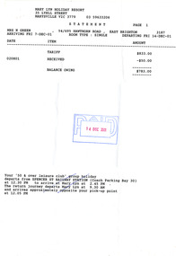A statement of payment for accommodation at Mary Lyn Guest House in Marysville. Mary Lyn was a part of the Mary Chain of guest houses built by Eric Dowdle during the Depression years. The statement is dated for December 2001 and is for a Mrs. N. Green.