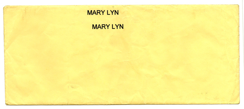 An envelope from Mary-Lyn Guest House in Marysville. Mary-Lyn was a part of the Mary Chain of guest houses built by Eric Dowdle during the Depression years.