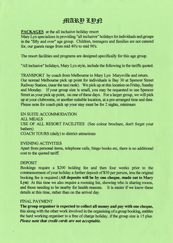 An information sheet informing guests of accommodation packages available at Mary Lyn Guest House in Marysville. Mary Lyn was a part of the Mary Chain of guest houses built by Eric Dowdle during the Depression years.