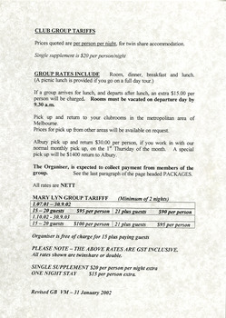 A list of tariffs for club groups for accommodation at Mary-Lyn Guest House in Marysville. Mary-Lyn was part of the Mary Chain of guest houses built by Eric Dowdle during the Depression years.
