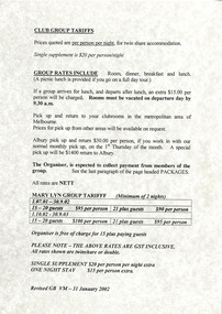 A list of tariffs for club groups for accommodation at Mary-Lyn Guest House in Marysville. Mary-Lyn was part of the Mary Chain of guest houses built by Eric Dowdle during the Depression years.