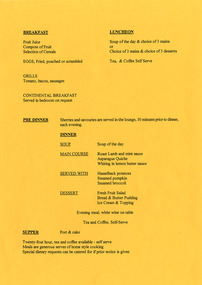 A menu from Mary-Lyn Guest House in Marysville. Mary-Lyn was a part of the Mary Chain of guest houses built by Eric Dowdle during the Depression years. The menu shows options for breakfast, luncheon, pre-dinner, dinner and supper meals.