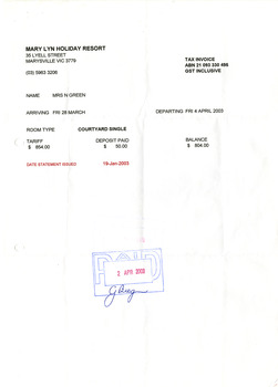 An invoice for payment of accommodation for guests staying at Mary-Lyn Holiday Resort in Marysville. Mary-Lyn was a part of the Mary Chain of guest houses built by Eric Dowdle during the Depression years. The invoice was made out to a Mrs N. Green and is dated Friday 28th March to Friday 4th April 2003.