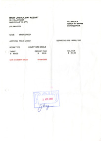 An invoice for payment of accommodation for guests staying at Mary-Lyn Holiday Resort in Marysville. Mary-Lyn was a part of the Mary Chain of guest houses built by Eric Dowdle during the Depression years. The invoice was made out to a Mrs N. Green and is dated Friday 28th March to Friday 4th April 2003.