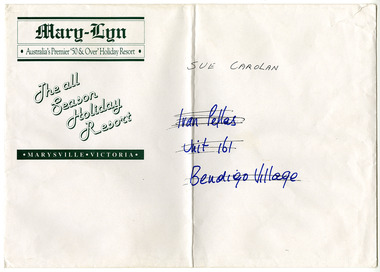 An envelope from Mary-Lyn Guest House in Marysville. Mary-Lyn was a part of the Mary Chain of guest houses built by Eric Dowdle during the Depression years. The envelope was made out to a resident at Bendigo Retirement Village.