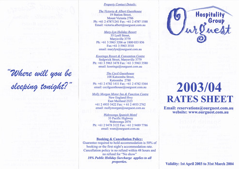 A brochure regarding the tariffs and accommodation available at various guest houses and hotels in Australia including Mary-Lyn Guest House in Marysville. Mary Lyn was a part of the Mary Chain of guest houses built by Eric Dowdle during the Depression years. The tariffs are valid for 1st April 2003 to 31st March 2004.