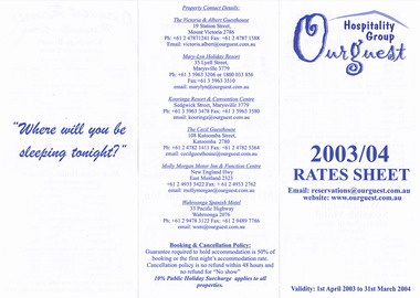 A brochure regarding the tariffs and accommodation available at various guest houses and hotels in Australia including Mary-Lyn Guest House in Marysville. Mary Lyn was a part of the Mary Chain of guest houses built by Eric Dowdle during the Depression years. The tariffs are valid for 1st April 2003 to 31st March 2004.