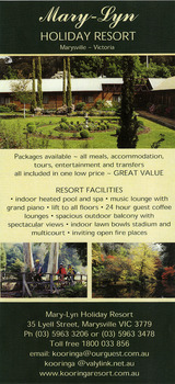 A flyer regarding the accommodation and facilities available for guests staying at Mary-Lyn Holiday Resort in Marysville. Mary-Lyn was a part of the Mary Chain of guest houses built by Eric Dowdle during the Depression years.