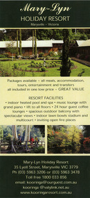 A flyer regarding the accommodation and facilities available for guests staying at Mary-Lyn Holiday Resort in Marysville. Mary-Lyn was a part of the Mary Chain of guest houses built by Eric Dowdle during the Depression years.