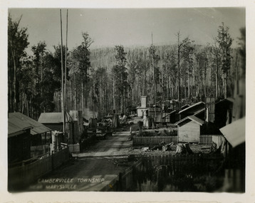 An early black and white photograph of the township of Cambarville near Marysville in Victoria. Cambarville was established as a timber mill town in the 1940s. Timber mill owners A Cameron and FJ Barton named Cambarville. They established the mill to salvage timber from trees destroyed in the 1939 bushfires. Cambarville was impacted by the 2009 Black Saturday bushfires and any remaining structures were destroyed.