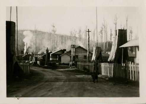 An early black and white photograph of the Cambarville timber mill in the Cumberland Valley. Cambarville was established as a timber mill town in the 1940s. Timber mill owners A. Cameron and F.J. Barton named Cambarville. They established the mill to salvage timber from trees destroyed in the 1939 bushfires. Cambarville was impacted by the 2009 Black Saturday bushfires and any remaining structures were destroyed. The photograph was taken in August 1952.