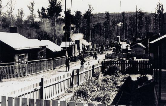 A copy of a black and white photograph of Cambarville township near Marysville.  Cambarville was established as a timber mill town in the 1940s. Timber mill owners A. Cameron and F.J. Barton named Cambarville. They established the mill to salvage timber from trees destroyed in the 1939 bushfires. Cambarville was impacted by the 2009 Black Saturday bushfires and any remaining structures were destroyed. 