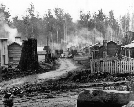 A digital copy of a black and white photograph of Cambarville township near Marysville. Cambarville was established as a timber mill town in the 1940s. Timber mill owners A. Cameron and F.J. Barton named Cambarville. They established the mill to salvage timber from trees destroyed in the 1939 bushfires. Cambarville was impacted by the 2009 Black Saturday bushfires and any remaining structures were destroyed. 