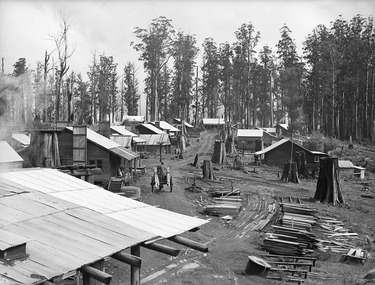 A copy of a black and white photograph of Cambarville township near Marysville. Cambarville was established as a timber mill town in the 1940s. Timber mill owners A. Cameron and F.J. Barton named Cambarville. They established the mill to salvage timber from trees destroyed in the 1939 bushfires. Cambarville was impacted by the 2009 Black Saturday bushfires and any remaining structures were destroyed. The original photograph was taken in April 1945.