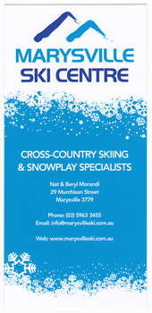 Shows an advertising brochure for Marysville Ski Centre in Victoria. Shows the proprietor's names, the address as well as the telephone number and email and website addresses. On the reverse is a list of available equipment and the cost of hiring it.