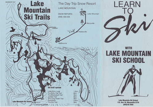 Shows an advertising brochure for Lake Mountain Ski School in Victoria. Front shows the postal address and telephone number with an illustration of a person cross country skiing. Reverse show a map of the Lake Mountain ski trails with a small map of how to get to Lake Mountain from Melbourne. Inside foldout shows what lessons people can learn and the cost of the various lessons at the ski school.