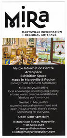 Shows an advertising brochure for MiRa in Marysville in Victoria. Shows a photograph of some of the items available. Lists some of the items and events taking place in MiRa. Shows the opening hours, address and website and email addresses.