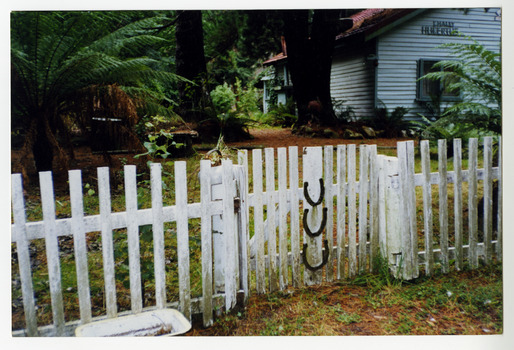 A colour photograph of an old house at Cambarville in Victoria. Cambarville was established as a timber mill town in the 1940s. Timber mill owners A. Cameron and F.J. Barton named Cambarville. They established the mill to salvage timber from trees destroyed in the 1939 bushfires. Cambarville was impacted by the 2009 Black Saturday bushfires and any remaining structures were destroyed. The photograph was taken in 2000.