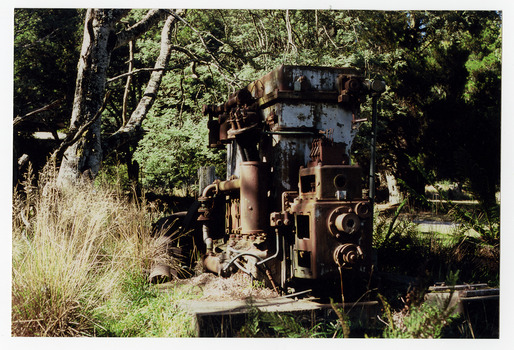 A colour photograph of an old diesel generator that was used at the Cambarville timber mill near Marysville. Cambarville was established as a timber mill town in the 1940s. Timber mill owners A. Cameron and F.J. Barton named Cambarville. They established the mill to salvage timber from trees destroyed in the 1939 bushfires. Cambarville was impacted by the 2009 Black Saturday bushfires and any remaining structures were destroyed.