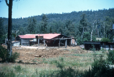 A digital copy of a colour photograph of Cooks Mill in Victoria. Located in the Cathedral Range State Park near Marysville, Cooks Mill was established as Cathedral Mill in 1938. Processing Mountain Ash and Manna Gum, it was a major local employer before ceasing operations in 1955. 