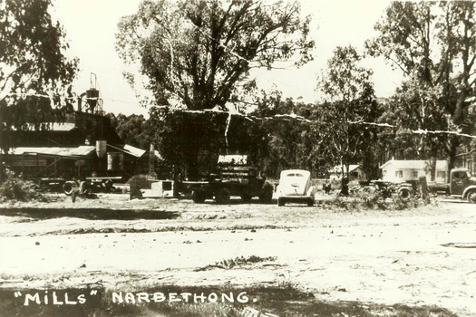A digital copy of a black and white photograph taken at Little Wonder Sawmill in Narbethong. The Little Wonder Sawmill was a historic hardwood timber mill located in Narbethong, Victoria, operating during the mid-20th century peak of the region's timber industry.