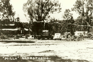 A digital copy of a black and white photograph taken at Little Wonder Sawmill in Narbethong. The Little Wonder Sawmill was a historic hardwood timber mill located in Narbethong, Victoria, operating during the mid-20th century peak of the region's timber industry.