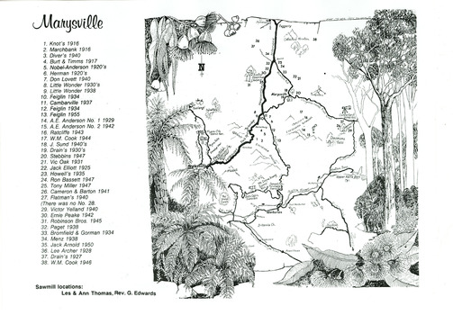 A map with a key showing the locations of the many timber mills in the district surrounding Marysville.
