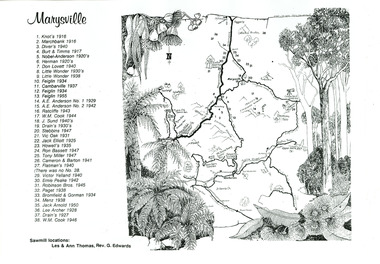 A map with a key showing the locations of the many timber mills in the district surrounding Marysville.