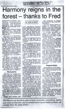 A photocopy of a newspaper article regarding one man, Fred Gill's, lobbying for the timber industry in and around Marysville and the district. Fred Gill was born and grew up in Marysville and his father worked for the Forests Commission. The original article appeared in the Weekly Times on June 25th, 1986.