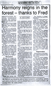 A photocopy of a newspaper article regarding one man, Fred Gill's, lobbying for the timber industry in and around Marysville and the district. Fred Gill was born and grew up in Marysville and his father worked for the Forests Commission. The original article appeared in the Weekly Times on June 25th, 1986.