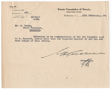 A typed letter to Mr. R. Parke, Chief Forrester, of Taggerty, acknowledging the receipt of a 20 pound deposit being paid to the Forests Commission of Victoria. The letter is dated 16th February 1948.