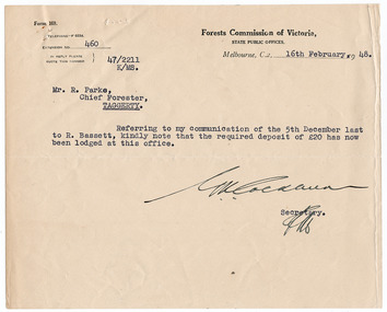 A typed letter to Mr. R. Parke, Chief Forrester, of Taggerty, acknowledging the receipt of a 20 pound deposit being paid to the Forests Commission of Victoria. The letter is dated 16th February 1948.