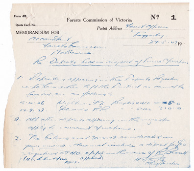A handwritten interoffice memorandum between the Forest Officer at Taggerty and the Accountant at the Forests Commission of Victoria. The memorandum, which is dated 27th May 1949, is written on a forests commission letterhead and is numbered No. 1. The memorandum was written and signed by Mr. R. Parke, Chief Forester.