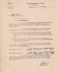 A typed letter from the Accountant at the Forests Commission of Victoria to Mr. R. Parke, Chief Forester, of Niagaroon near Taggerty. The letter mentions that the Auditor-General of the time has drawn attention to the large volume of monetary deposits being held in respect of licence operations, which could either be refunded or transferred to Treasury Trust. The Accountant has asked Mr. R. Parke to take the necessary steps to recify the situation. The letter is dated May 23 1949.