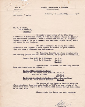 A typed letter from the Accountant at the Forests Commission of Victoria to Mr. R. Parke, Chief Forester at Taggerty. The letter mentions a difference of 20 pounds in the balance between the District and Head Office Registers and explains the reason for the difference. The letter is dated July 1st 1949.