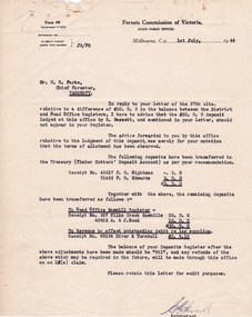 A typed letter from the Accountant at the Forests Commission of Victoria to Mr. R. Parke, Chief Forester at Taggerty. The letter mentions a difference of 20 pounds in the balance between the District and Head Office Registers and explains the reason for the difference. The letter is dated July 1st 1949.
