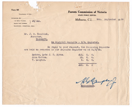 A typed letter from the Accountant at the Forests Commission of Victoria to Mr. J.H. Cosstick, Forester of Taggerty. The letter mentions deposits for licences for the collection of timber listed in the Deposits Register as of August 31st 1953. The letter mentions the names of the late J.H. Byrne, John Cotton and V. Longton. The letter is dated September 3rd 1953.