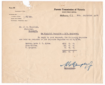 A typed letter from the Accountant at the Forests Commission of Victoria to Mr. J.H. Cosstick, Forester of Taggerty. The letter mentions deposits for licences for the collection of timber listed in the Deposits Register as of August 31st 1953. The letter mentions the names of the late J.H. Byrne, John Cotton and V. Longton. The letter is dated September 3rd 1953.