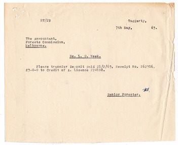A typed letter from the Senior Forester at Taggerty to the Accountant at the Forests Commission of Victoria. The letter is regarding a request to transfer a deposit paid for a licence to collect timber. The letter is dated May 7th 1963.