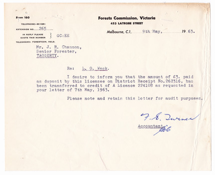 A typed letter from the Accountant at the Forests Commission of Victoria to Mr. J.R. Channon, Senior Forester at Taggerty. The letter is regarding that a deposit of 3 pounds has been transferred to credit for a licence in the name of L.O. Week, to collect timber. The letter is dated May 9th 1963.