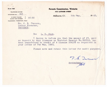A typed letter from the Accountant at the Forests Commission of Victoria to Mr. J.R. Channon, Senior Forester at Taggerty. The letter is regarding that a deposit of 3 pounds has been transferred to credit for a licence in the name of L.O. Week, to collect timber. The letter is dated May 9th 1963.