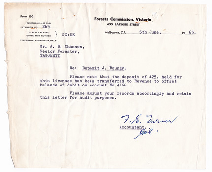 A typed letter from the Accountant at the Forests Commission Victoria to Mr. J.R. Channon, Senior Forester at Taggerty. The letter is regarding that a deposit of 25 pounds held for a licencee in the name of J. Boundy, was transferred to offset the balance of a debit. The letter is dated June 5th 1963.