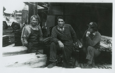 A copy of a black and white photograph of Bill, Allan and Len Sund who at one stage operated the Sunds Bros Sawmill in Marysville. Sund's Sawmill (historically operated by Arthur & John Sund and often referenced locally as Sund Stenco) was a prominent mid-century timber mill located in Marysville, Victoria. It played a central role in the region's booming post-war logging era. 