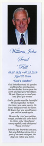 A bookmark that was available to attendees at Bill Sund's funeral. The Sund family owned an operated a timber sawmill in Marysville.