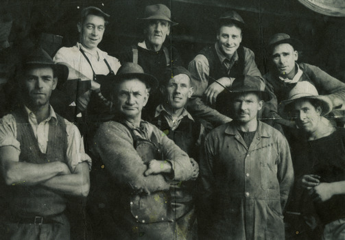 A digital copy of a black and white photograph of some of the workers at the Vic Oak Sawmill in Marysville. The Vic Oak sawmill was one of the active local timber processing operations in the Marysville region during the mid-20th century. 