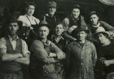 A digital copy of a black and white photograph of some of the workers at the Vic Oak Sawmill in Marysville. The Vic Oak sawmill was one of the active local timber processing operations in the Marysville region during the mid-20th century. 