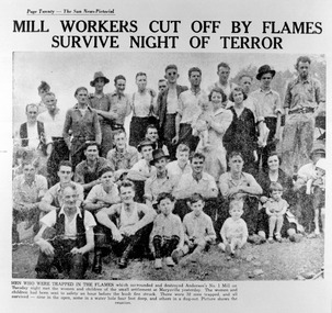 A photocopy of a newspaper photograph taken after the 1939 Black Friday bushfires destroyed the Anderson's No. 1 Mill near Marysville. The women and children were sent to Marysville for safety and 32 men were trapped at the mine. All survived and this photograph is of the reunion.